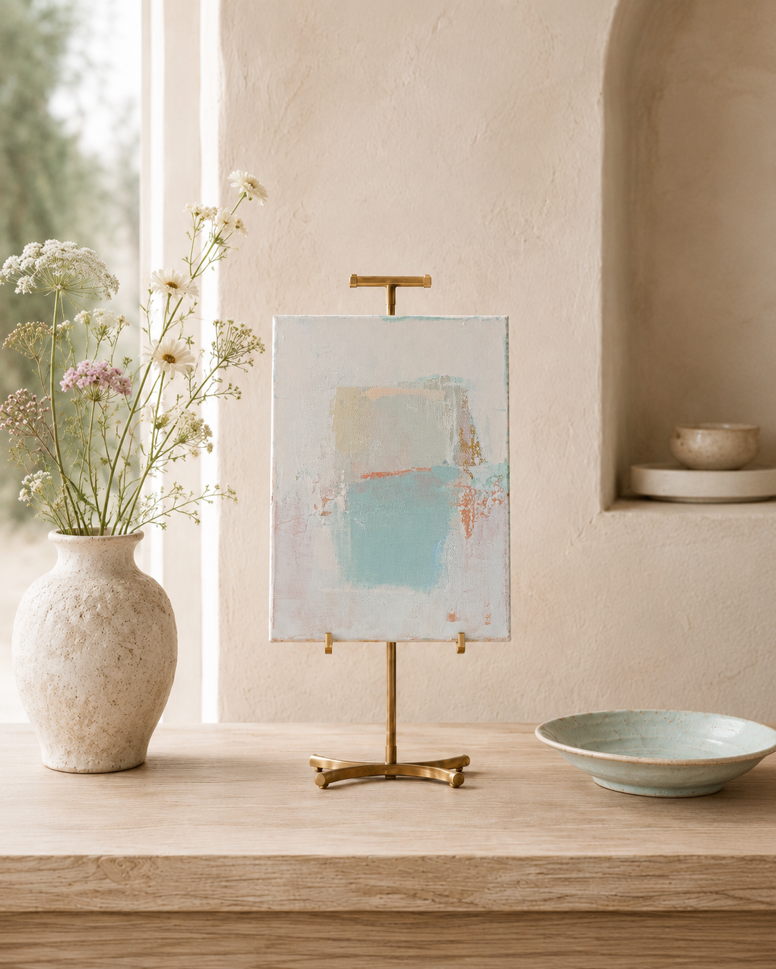 Mini Sunwashed Canvas collection by Andrea Lane featuring small abstract paintings in soft blue, cream, blush and warm neutral tones.